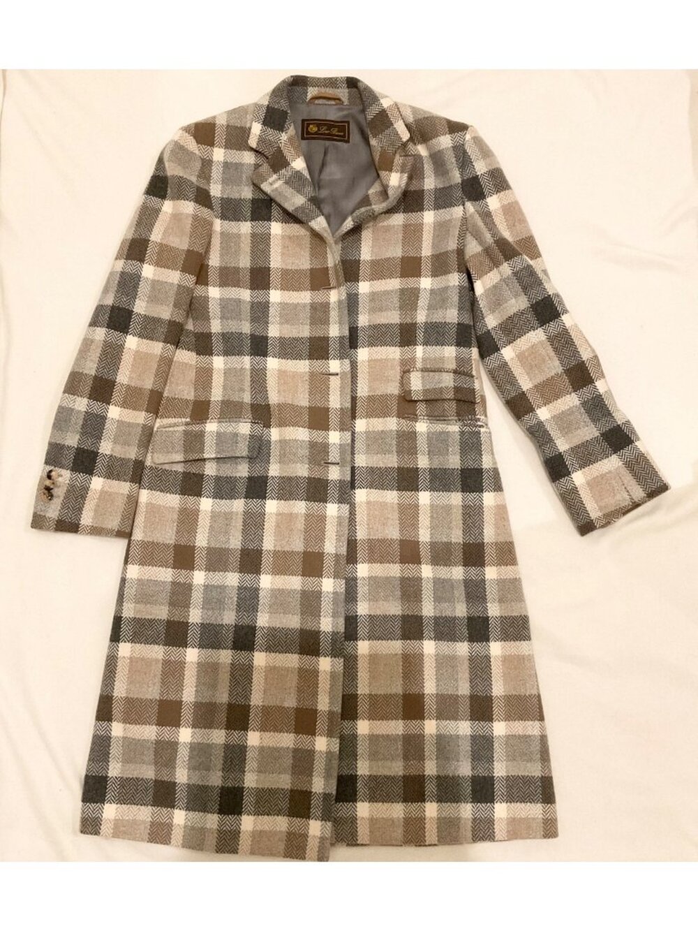 Loro Piana herringbone wool brown grey plaid check women long coat IT42 bust37